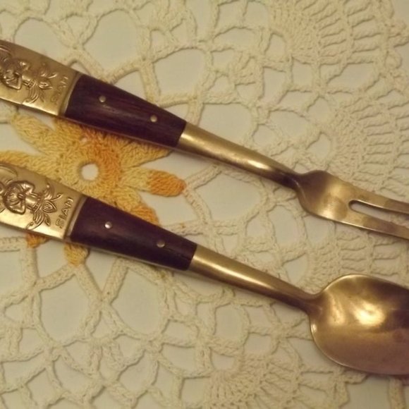 Vintage Siam Brass and Wood Serving Fork and Spoon - Picture 2 of 4
